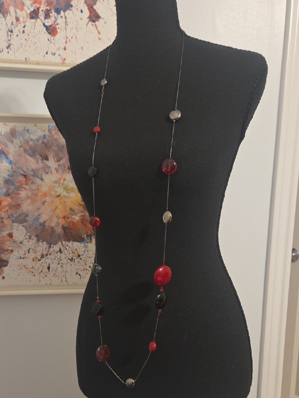 Long Red and Black Beaded Necklace -